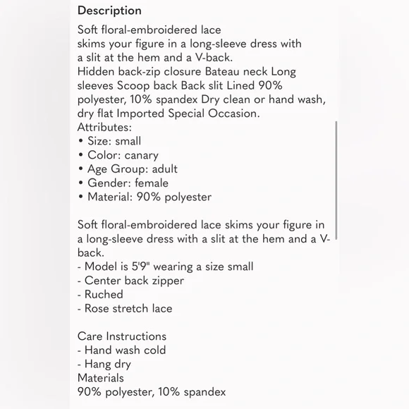 Dress the Populatjon Yellow Lace Long-Sleeve Bodycon Dress size small - Picture 10 of 11